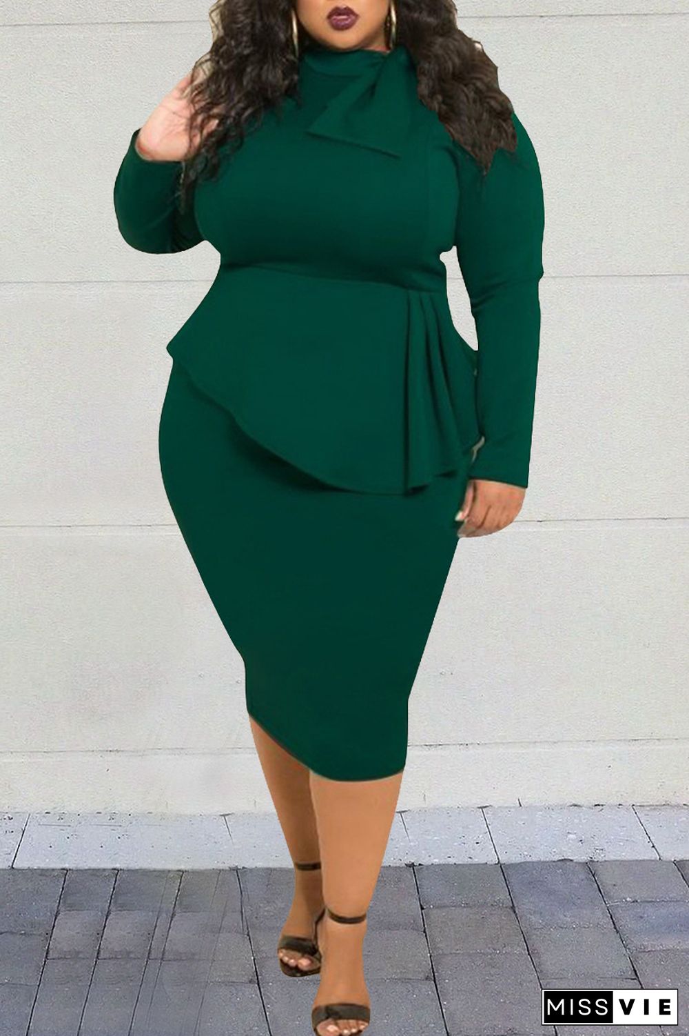 Casual Solid Patchwork O Neck Long Sleeve Plus Size Dresses