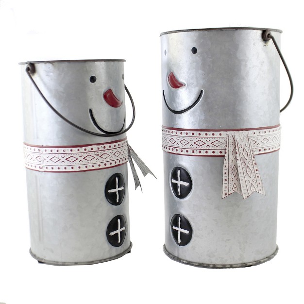 Christmas Galvanized Snowman Planters Two Snowman Planters 13 5 Inches Red Accents Nose Cb173750 Metal Silver