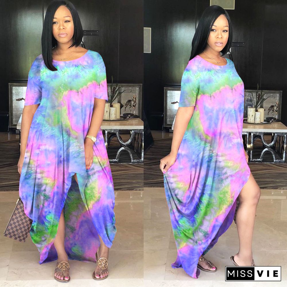 Colorful Tie-Dye Short Sleeved Round Neck Loose Irregular Dress