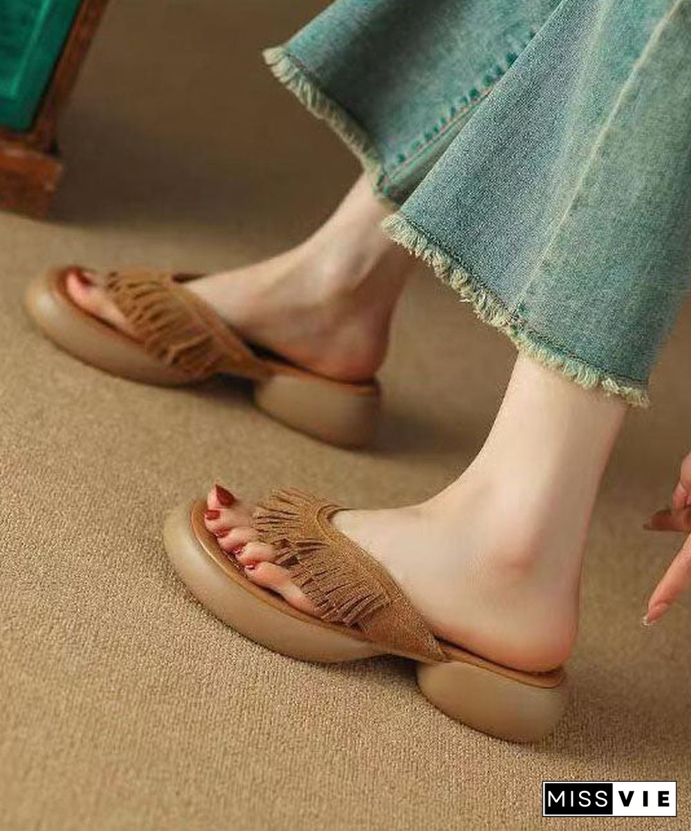 Brown Chunky Suede Boutique Tassel Splicing Slide Sandals