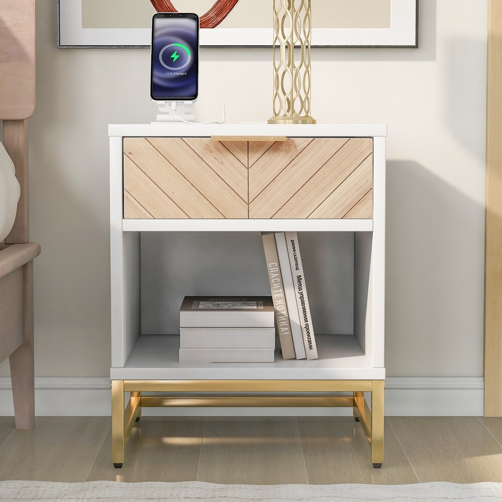 Nightstand with USB Charging Station  Modern End Table with Natural Wood Finish Drawer  Metal Leg and Handle