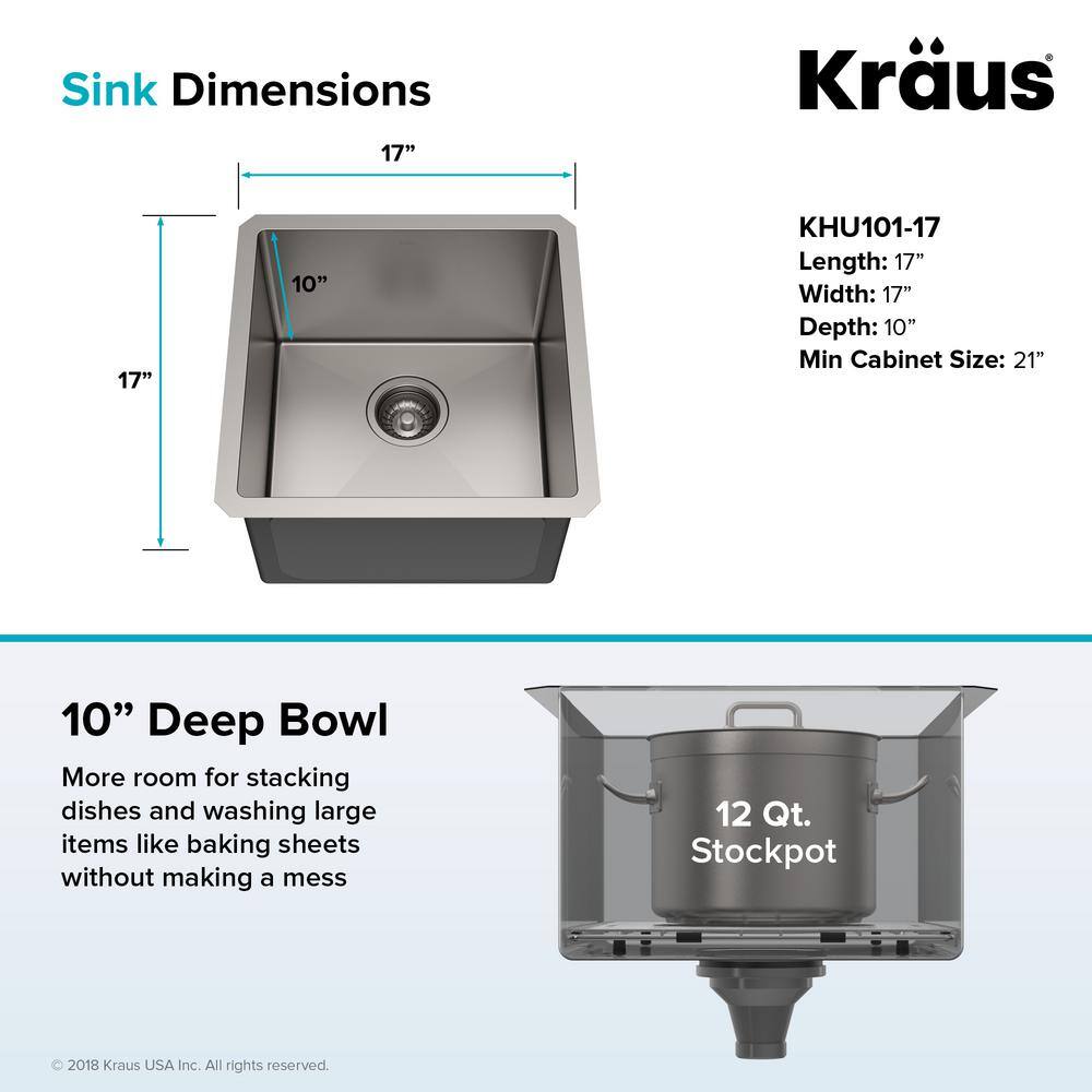 KRAUS Standart PRO 16 Gauge Stainless Steel 17 in. Undermount Bar Sink KHU101-17