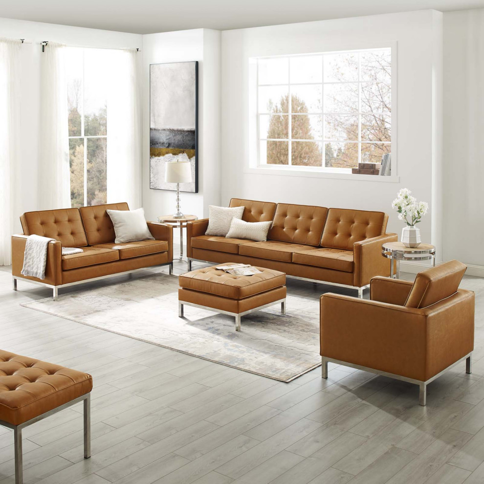 Loft Tufted Upholstered Faux Leather 3 Piece Set Silver Tan   Contemporary   Living Room Furniture Sets   by Uber Bazaar  Houzz