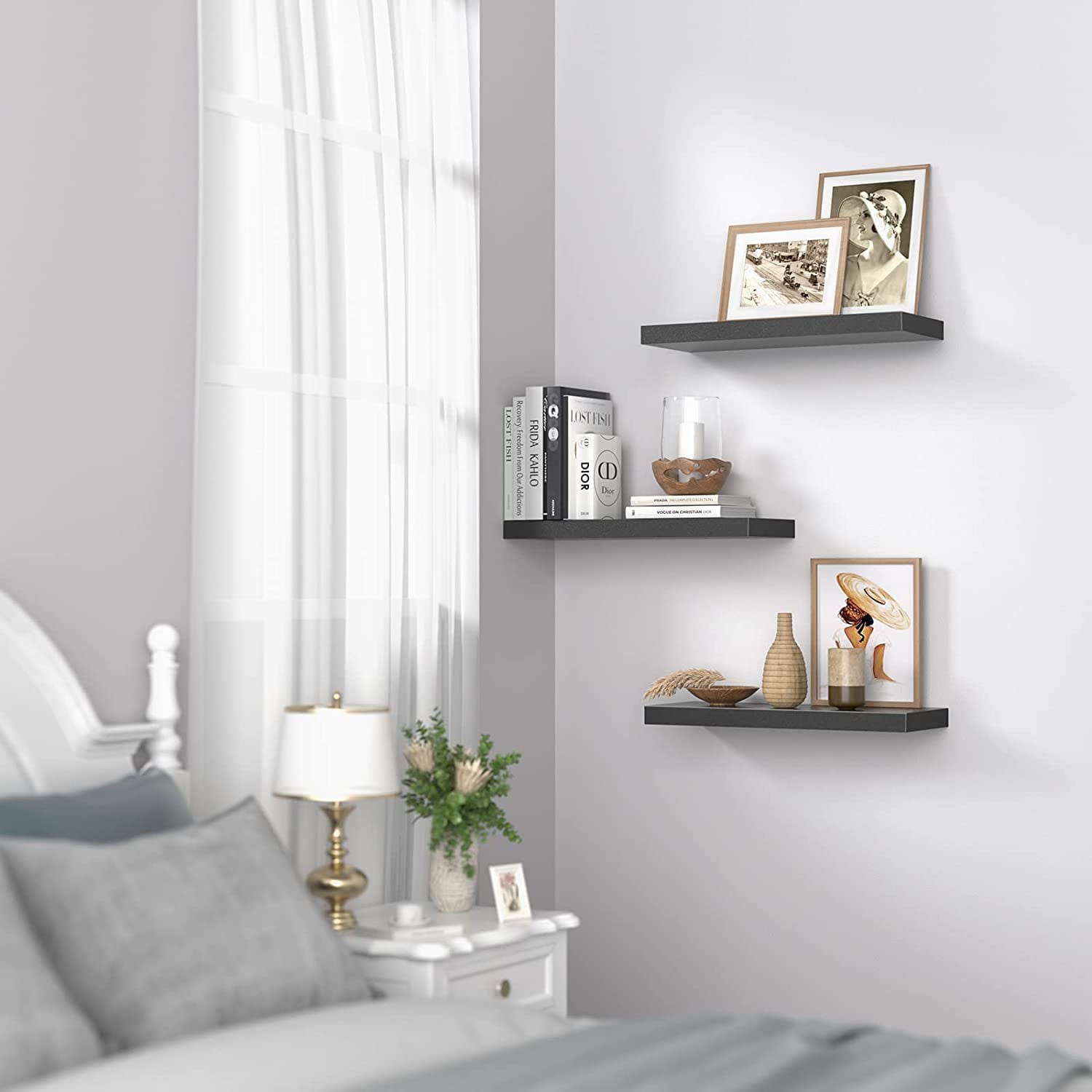 Black Sets of 3 Wall Shelves with Invisible Metal Brackets , for Bedroom, Bathroom, Living Room, and Kitchen