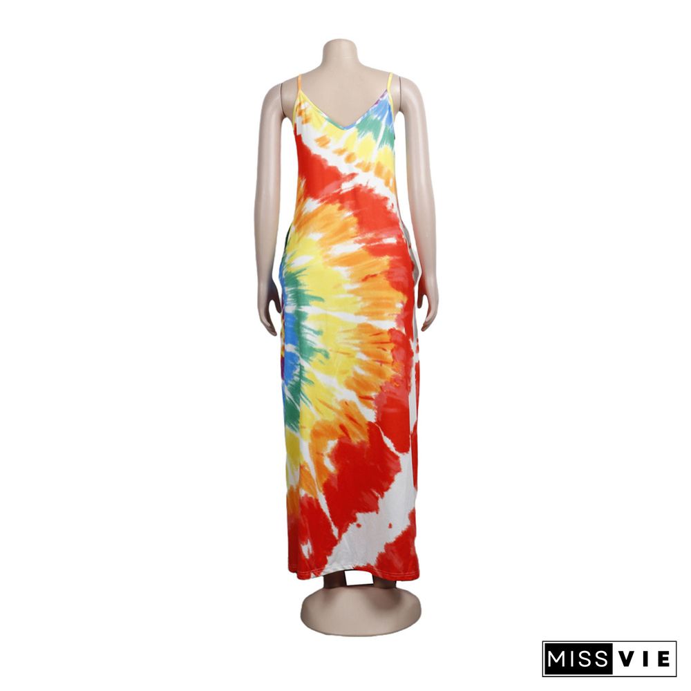 Tie Dye Print Loose Spaghetti Straps Maxi Dress