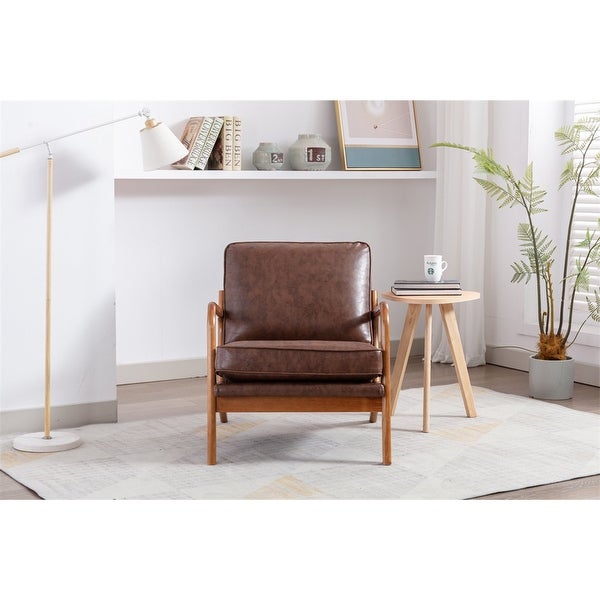 Mid Century Modern Accent Chair， Single Upholstered Lounge Reading Armchair with Solid Wood Frame and Cushions， Brown PU Leather