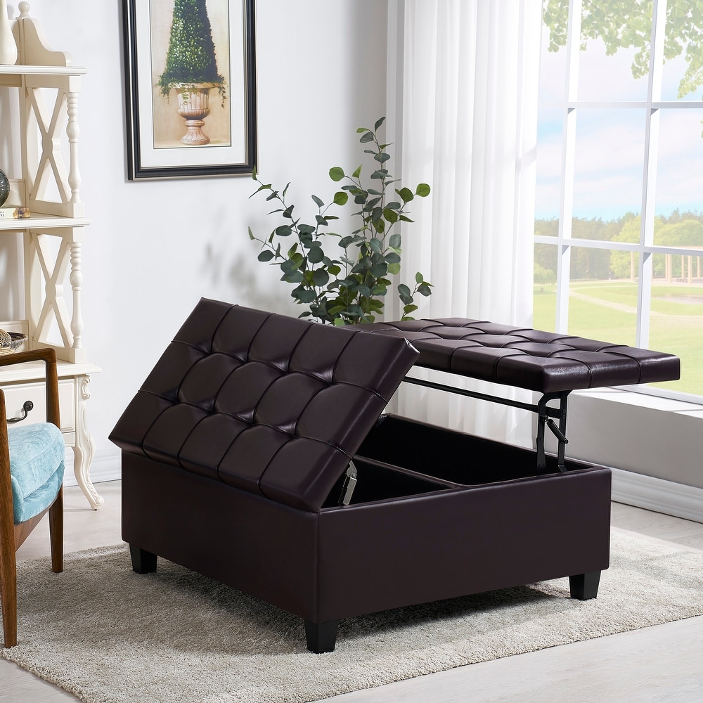 Simple Coffee Table Faux Leather Folding Storage Ottoman Bench Padded Seat with Rubberwood Legs for Lounge Living Room