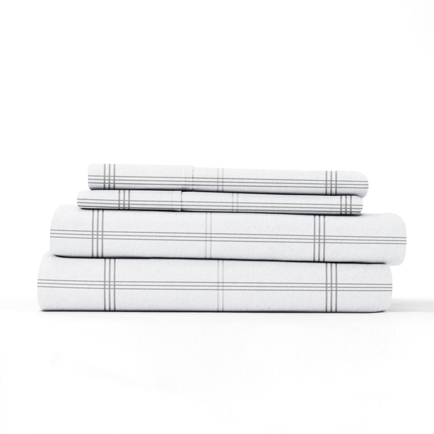 Gray Checkered 4 Piece 100% Cotton Flannel Deep Pocket Sheet Set， Queen， by Noble Linens