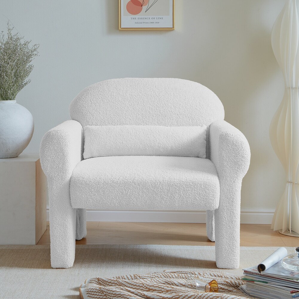 Modern Barrel Chair Lambswool Accent Sofa Chair Hollow Base Arm Chairs Living Room Lounge Chair w/ Lumbar Pillow  Antique White