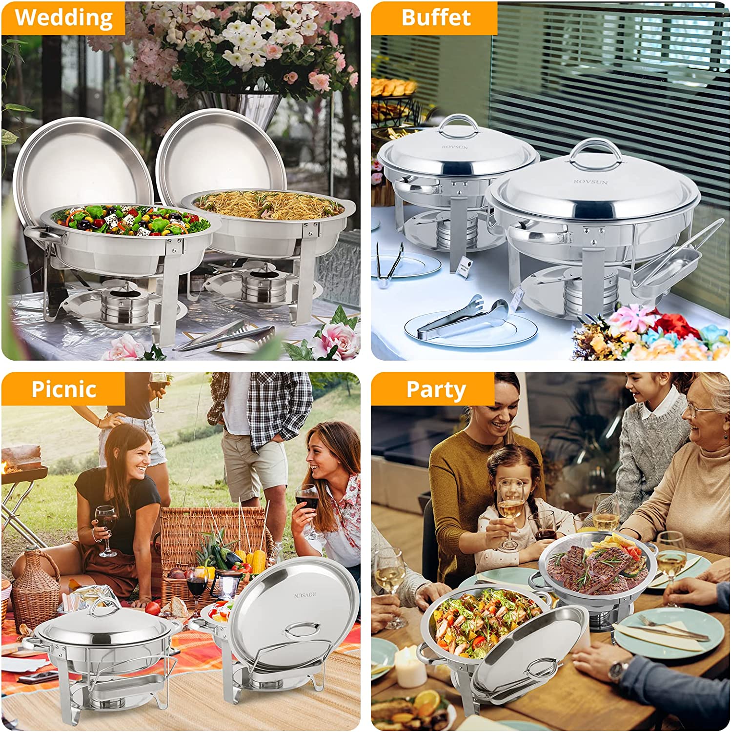 ROVSUN 5 Qt 2 Packs Stainless Steel Round Chafing Dish Buffet Set with Lid Holder