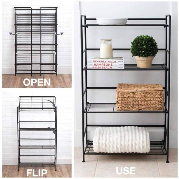 Flipshelf Black 4-Tier Metal Wire Shelving Unit (26.5 in. W x 43 in. H x 12 in. D) 38701