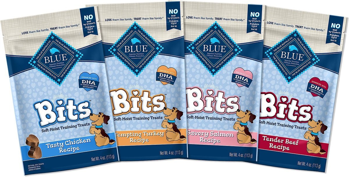 Blue Buffalo Blue Bits Soft-Moist Variety Pack Training Dog Treats， 4-oz bag， 4 count