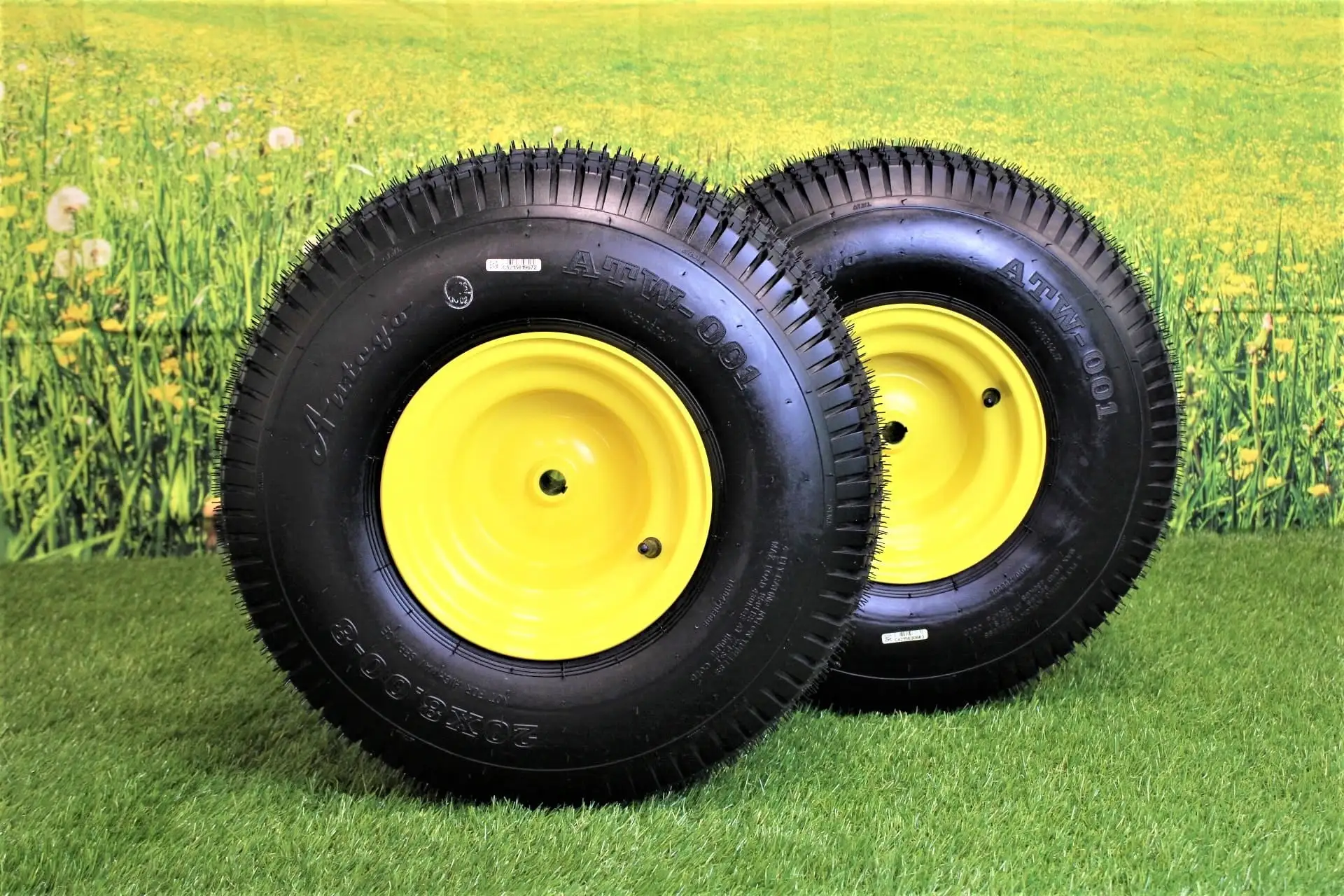 Antego Tire and Wheel (Set of 2) 20x8.00-8 John Deere Yellow Tires and Wheels 4 Ply for Lawn and Garden Mower Turf Tires