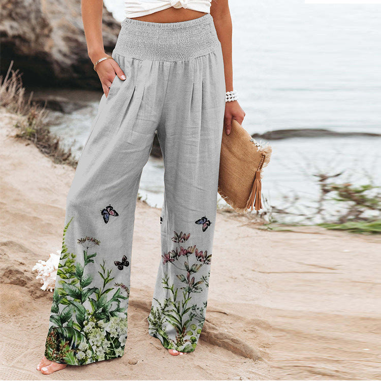 Elastic Printing High Waist Casual Wide Leg Pants With Pockets