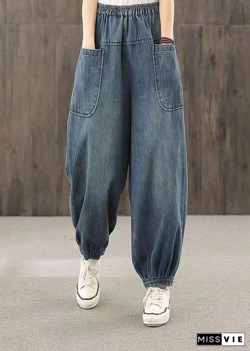 Plus Size Blue Elastic Waist Big Pockets Patchwork Cotton Denim harem Pants Summer