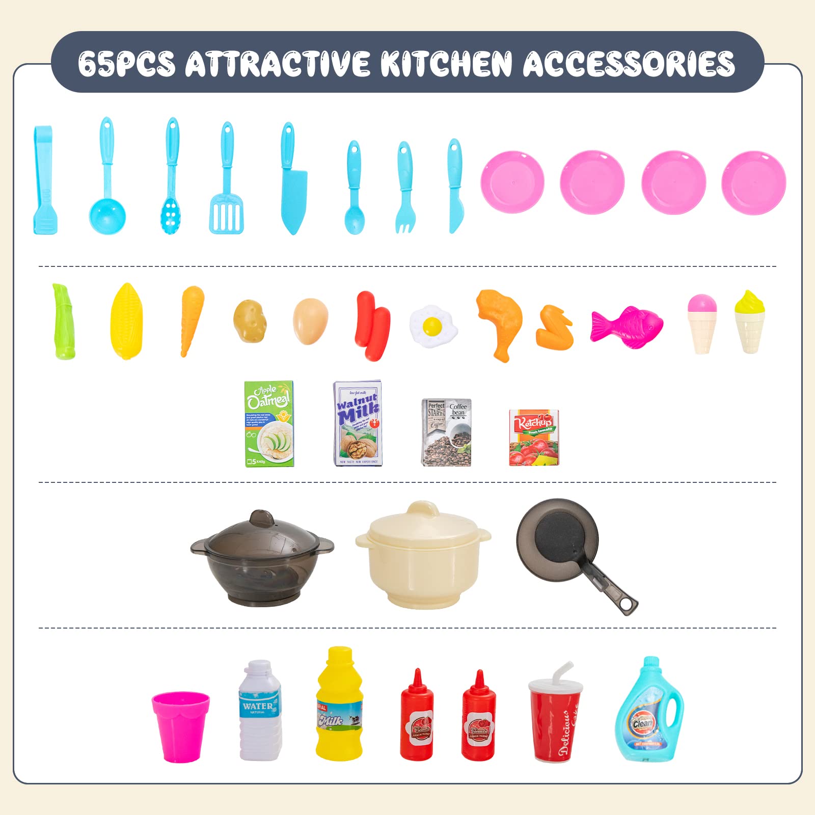 Costzon Kids Kitchen Playset, 65PCS Pretend Play Food Toy Accessories Set