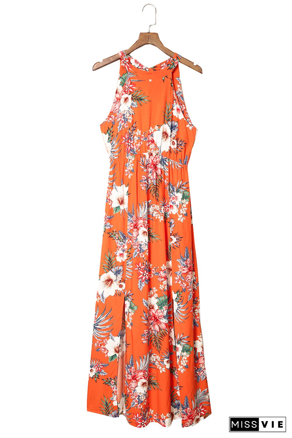 Orange Halter Neck Sleeveless Floral Dress with Slits