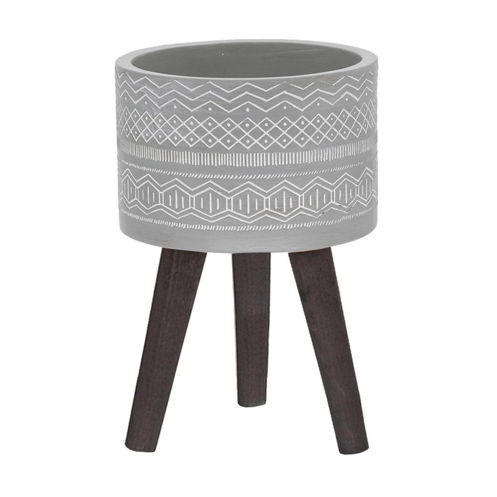 Flora Bunda 10 in. Gray Tribal Fiberglass Planter on Wood Stand CTF216E-LTGY