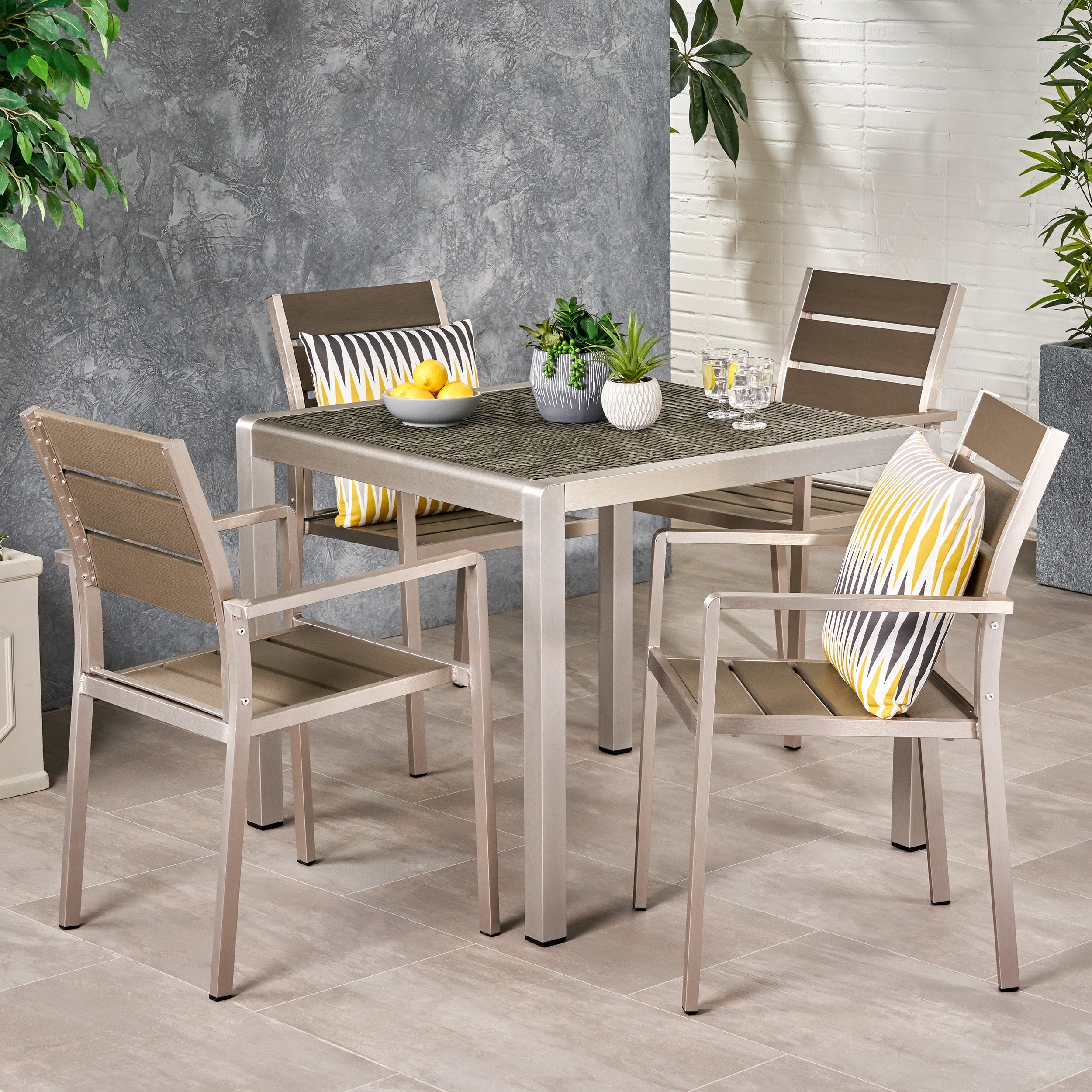 Cherie Outdoor Modern Aluminum 4 Seater Dining Set with Faux Wood Seats and Wicker Table Top