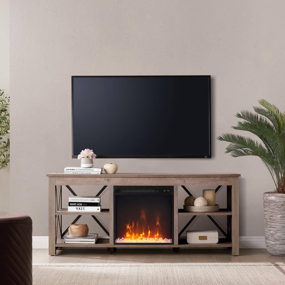 MeyerCross Sawyer 58 in. Gray Oak TV Stand Fits TV's up to 65 in. with Crystal Fireplace Insert TV1010