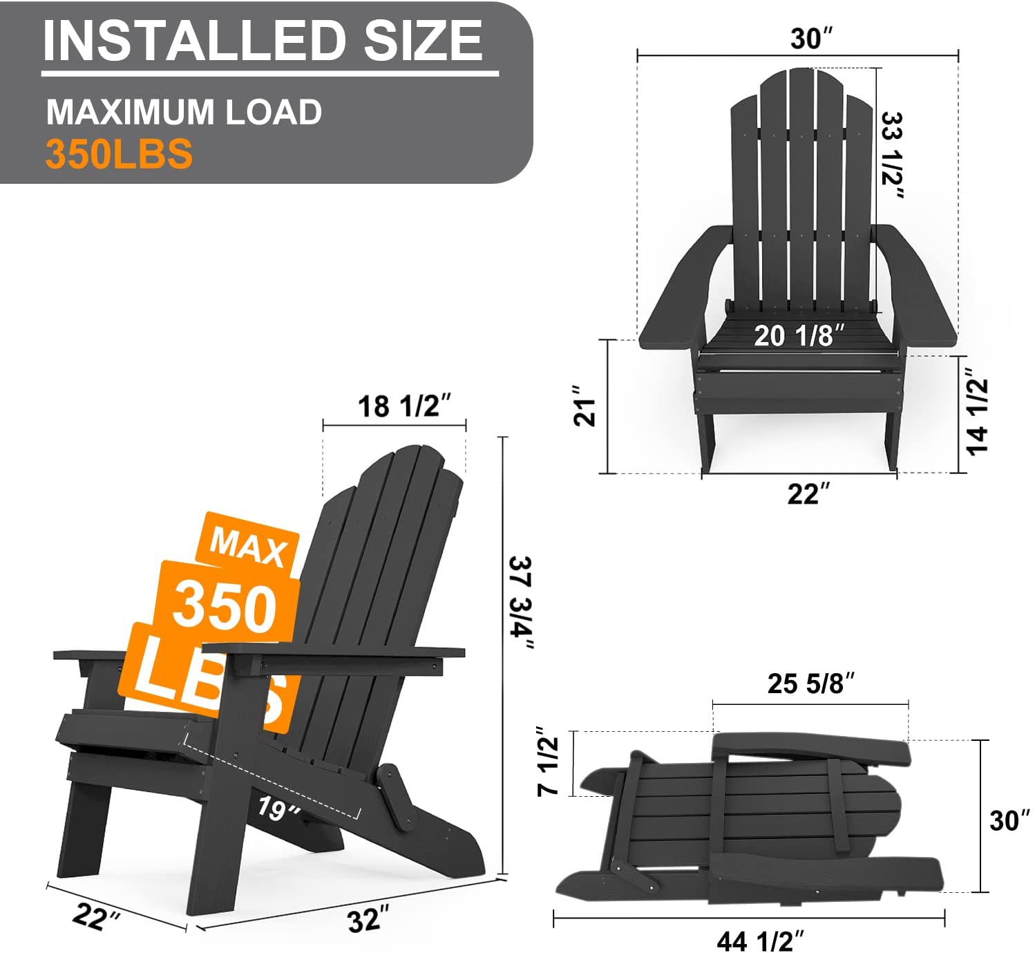 WINSOON Adirondack Chairs Folding Outdoor Patio Chairs， Black Finish Set of 4