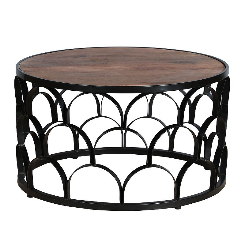 32 Inch Round Coffee Table， Mango Wood Top， Lattice Cut Out Metal Frame， Brown， Black