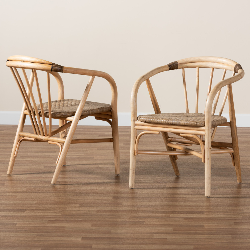 Kyoto Modern Bohemian Natural Brown Rattan 2 Piece Dining Chair Set   Midcentury   Dining Chairs   by Ezmod Furniture  Houzz