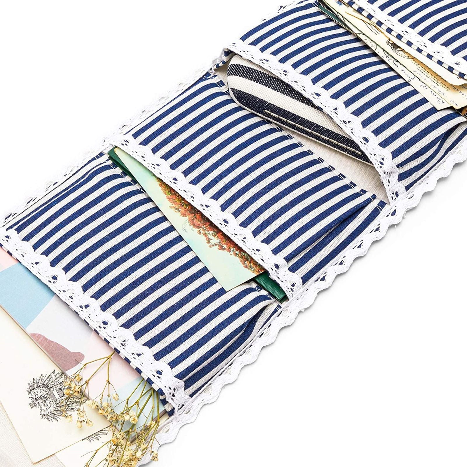 2-Pack Over the Door Closet Wall Hanging Organizer, Wall Mounted Storage Bag Case 5 Pockets Lined Cotton Fabric, Blue Stripes 8”x26”