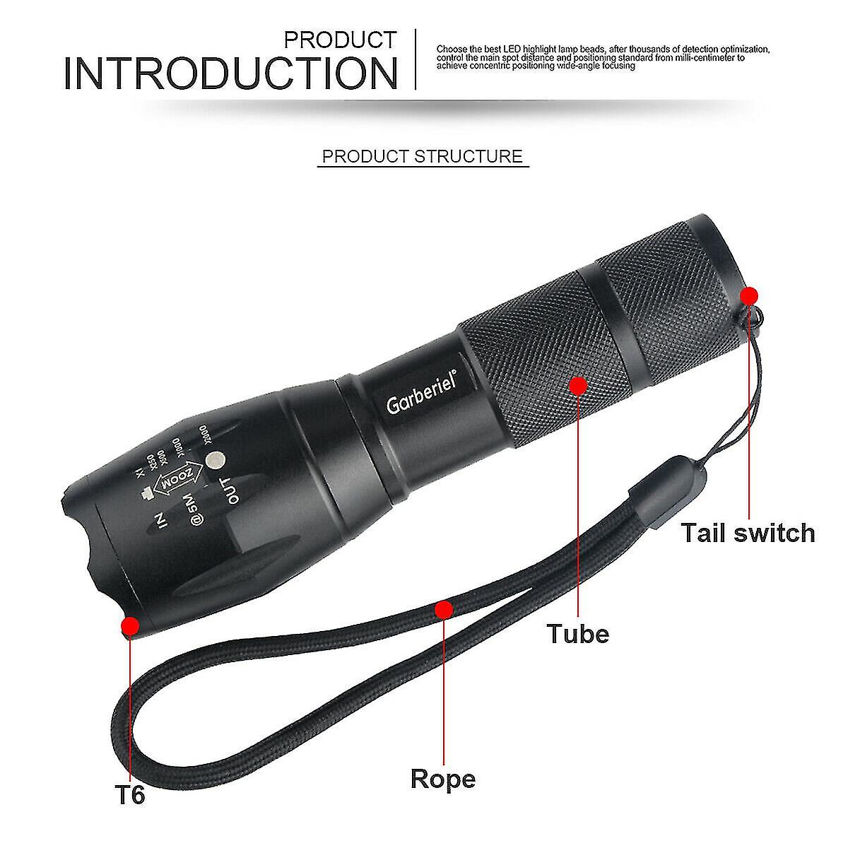 Tactical T6 Led Super Bright Zoom Flashlight Torch No Battery