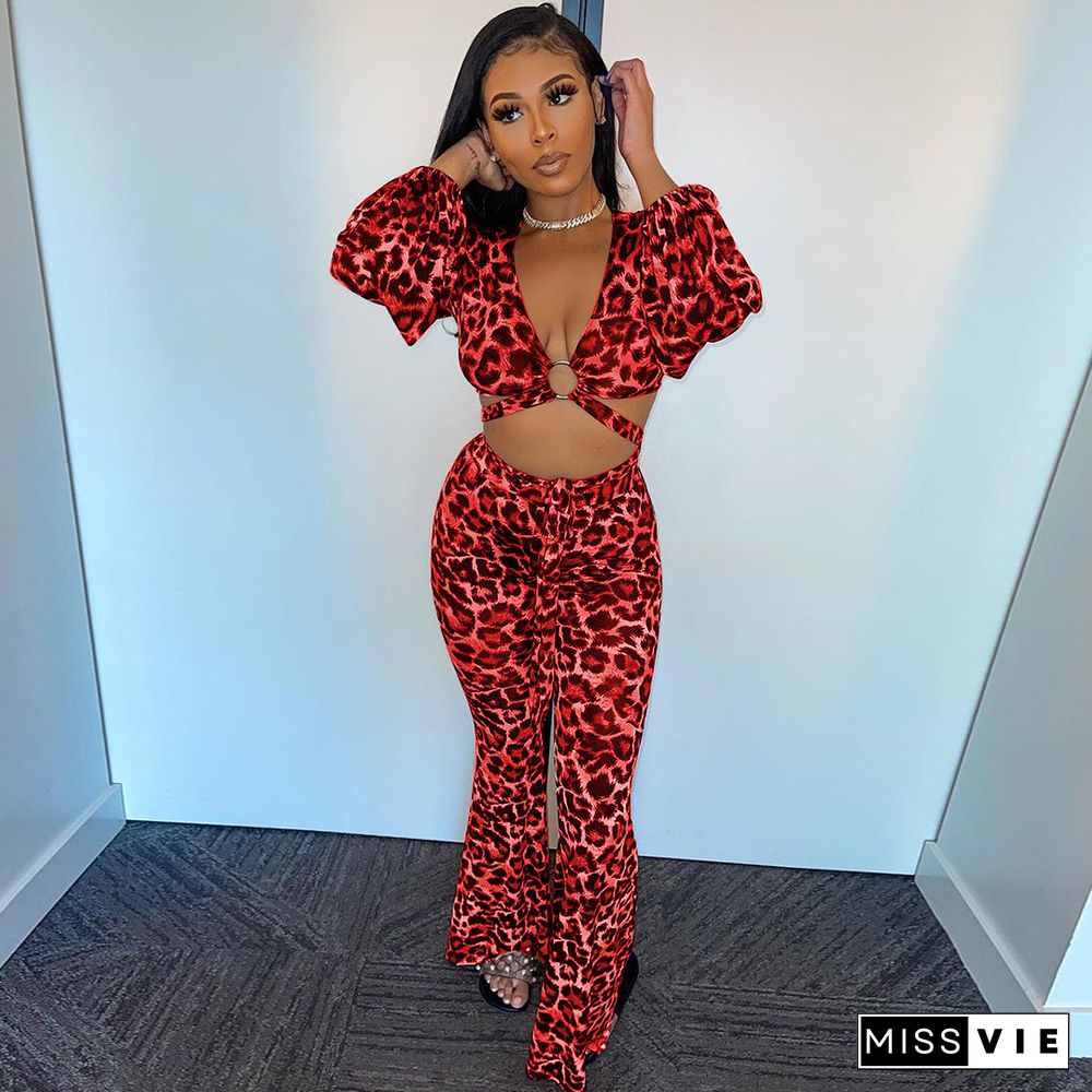 Sexy Leopard Print Long Sleeve V Neck Bandage Crop Top Long Pant Women Streetwear Two Piece Set