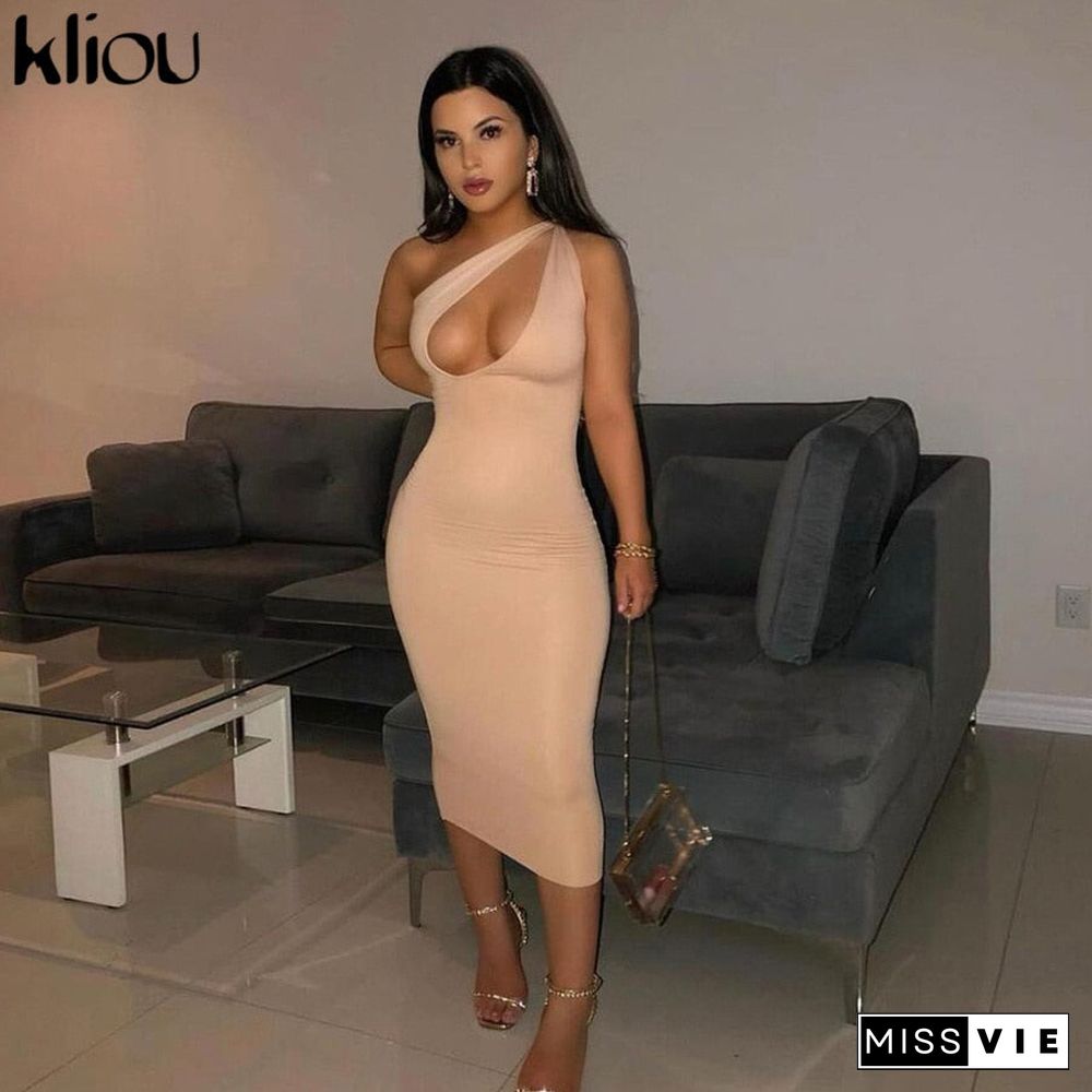 Kliou Cut Out Sexy Midnight Clubwear Maxi Dresses Solid One Shoulder Birthday Outfit For Women Slim Bodycon Party Dress