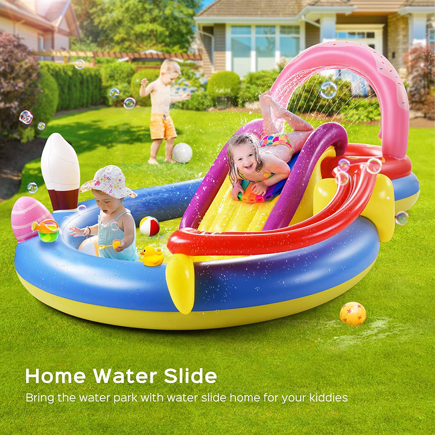 Inflatable Play Center, Hesung 115" X 70" X 44" Full-Sized Kiddie Pool with Slide, Fountain Arch, Ball Roller for Toddler, Kids, Thick Wear-Resistant Big Above Ground, Garden Backyard Water Park