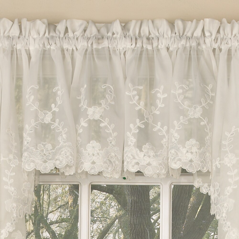 Sheer Voile Embroidered Scrolling Floral Leaf Pattern Window Curtain Pieces   Tiers  Valance and Swag Pair Options