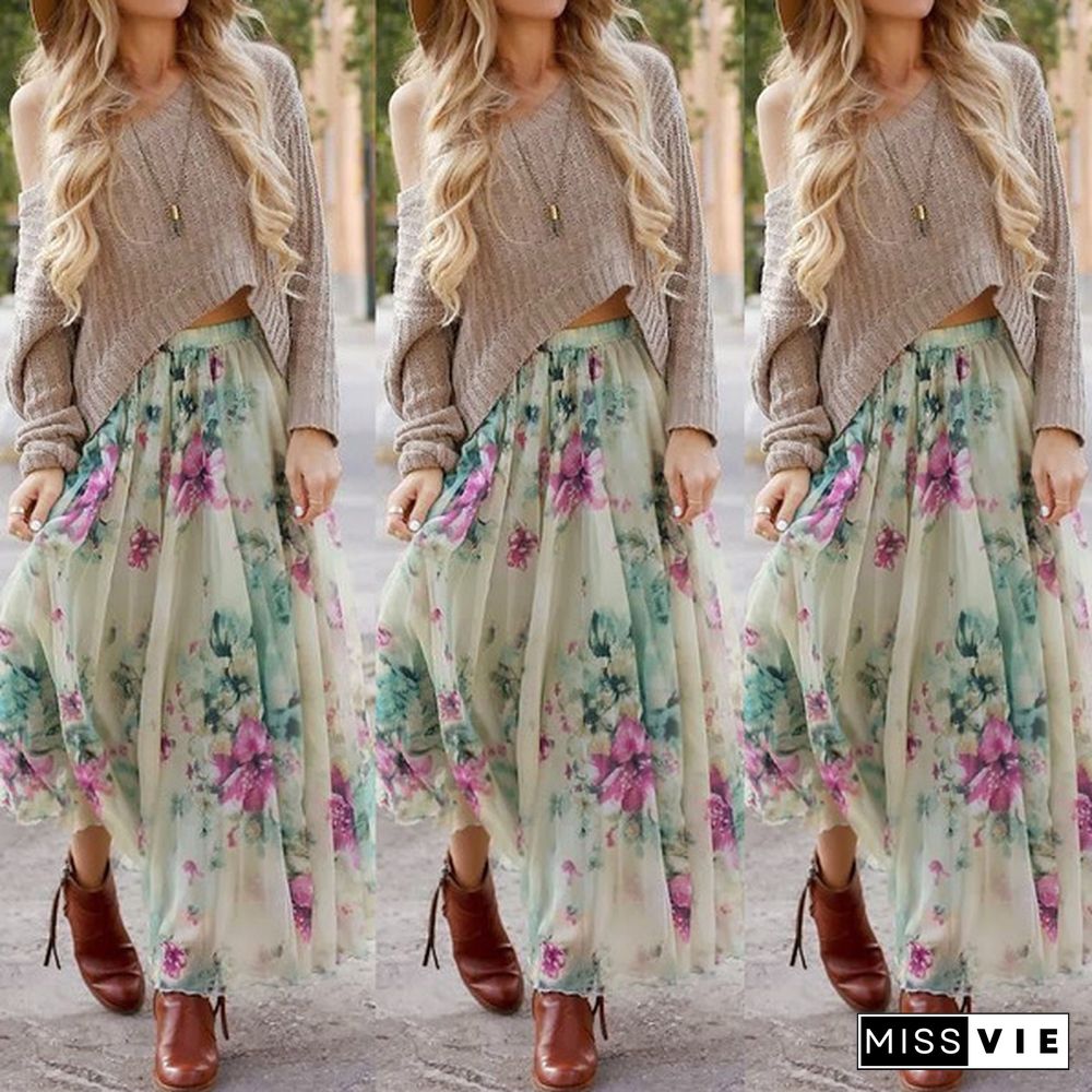 Women Floral Print Jersey Gypsy Long Maxi Skirt Summer Beach Sundress Beach