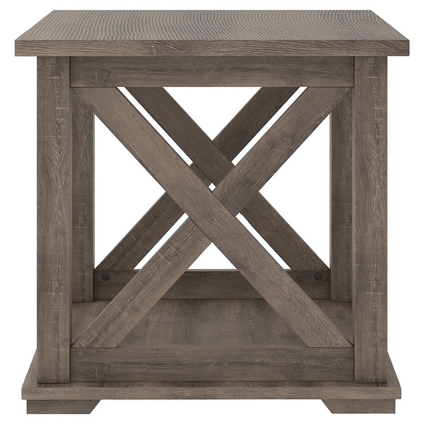 Wooden Square End Table with Bottom Shelf and Cross Design Sides， Brown - 22 H x 23 W x 23 L