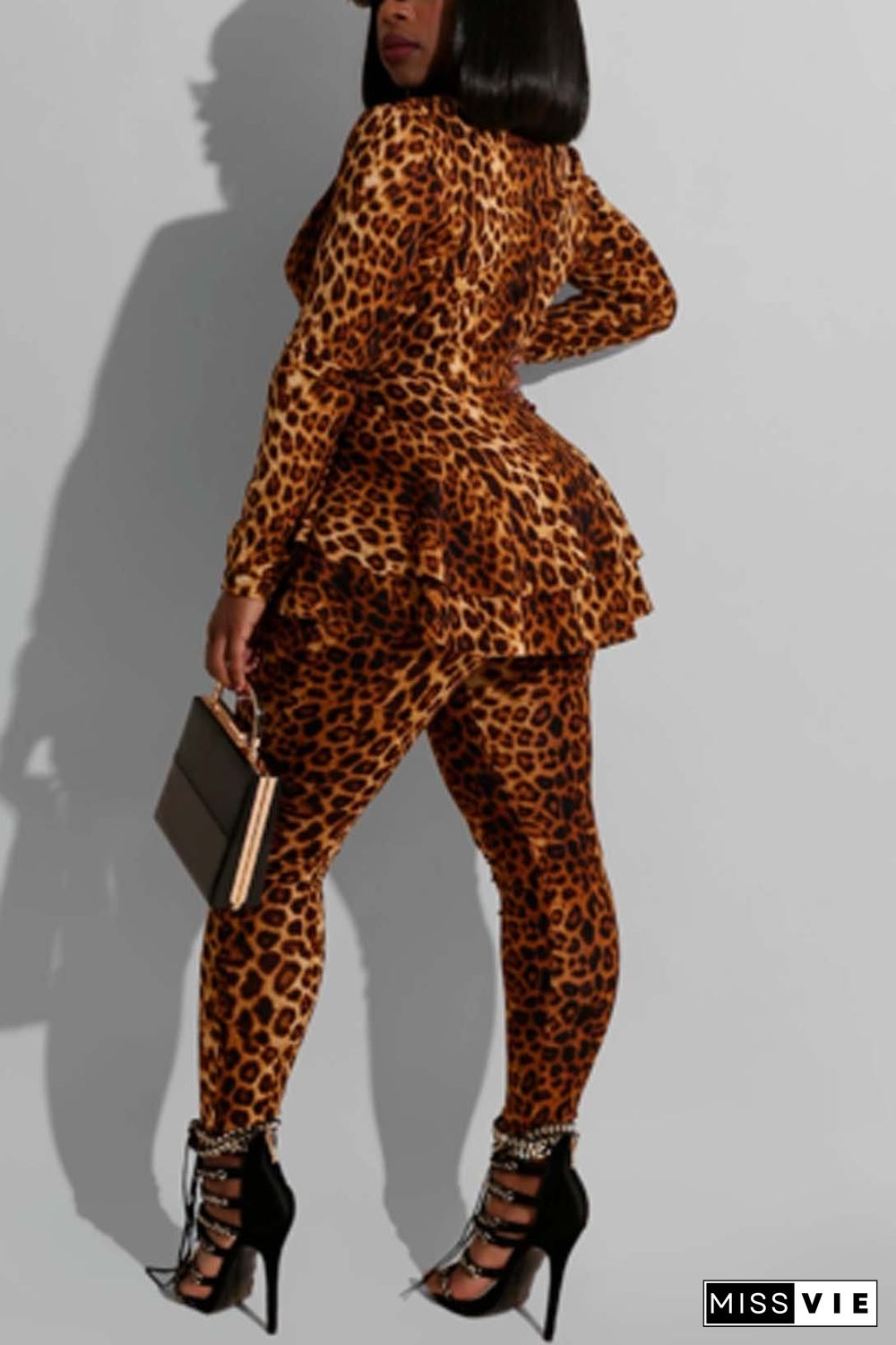 Leopard Printing Long Sleeve Pants Casual Set