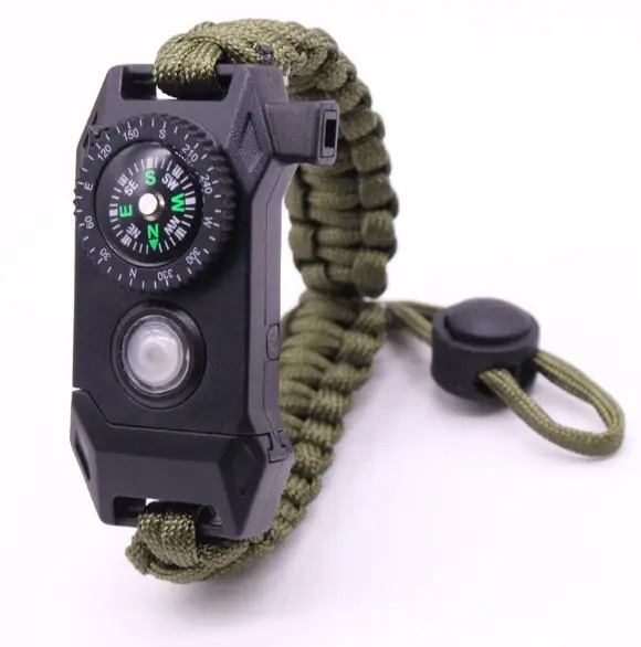 Outdoor Multifunctional with LED Compass Survival Whistle Pocket Knife Adjustable Emergency Umbrella Rope Bracelet