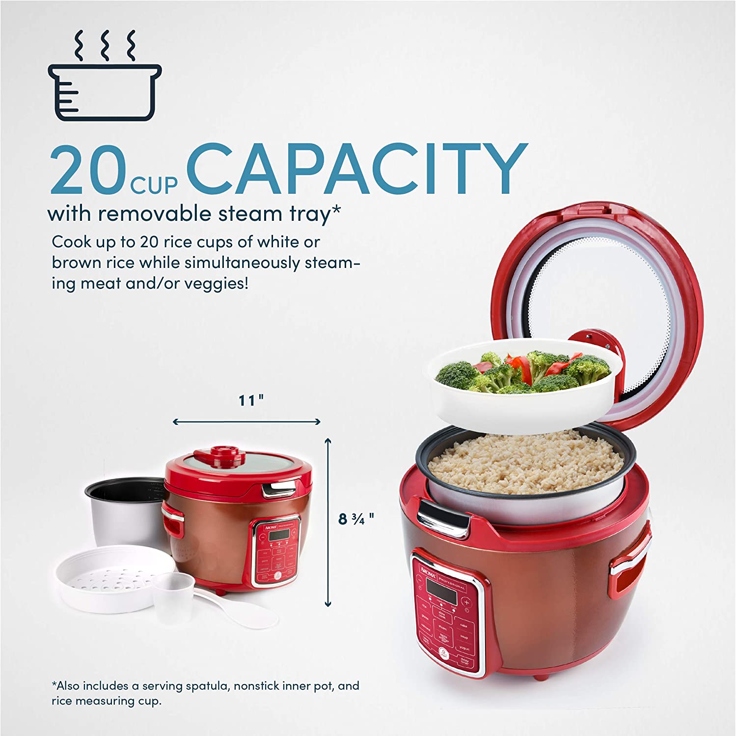 AROMA 20-Cup Red Rice Cooker with Glass Lid