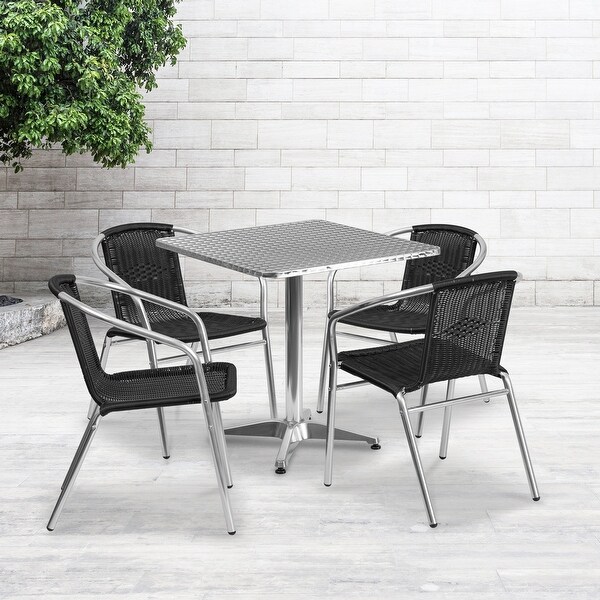 27.5'' Square Aluminum Indoor-Outdoor Table Set with 4 Rattan Chairs