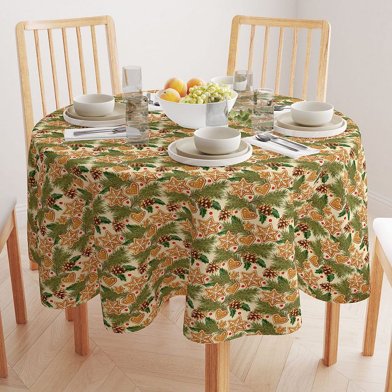 Round Tablecloth， 100% Polyester， 90 Round， Holiday Gingerbread Cookies and Pinecones