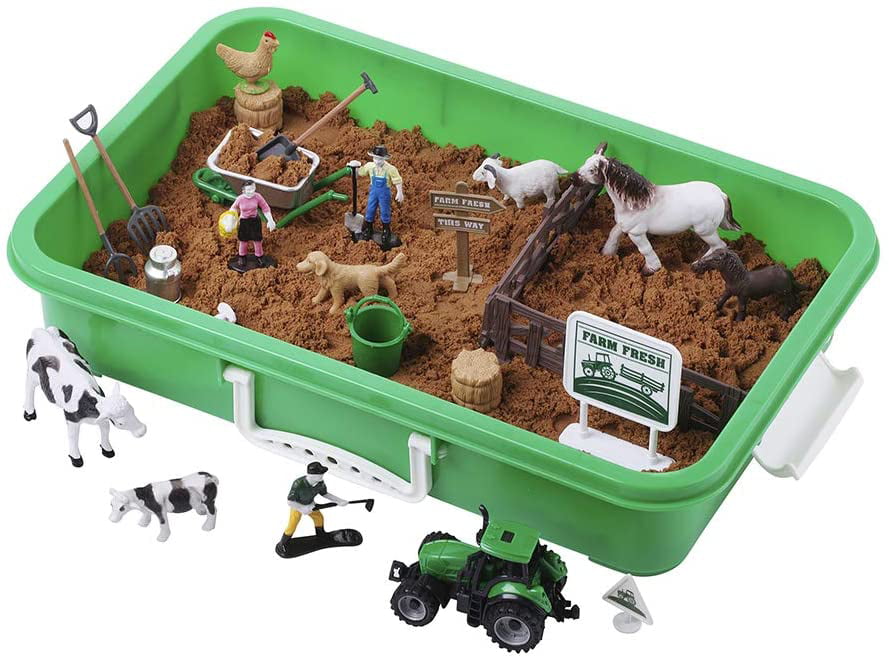 Farm Sand Play Set 28 Figures- Sensory Toys for Kids with 2 lbs of Sand, Farm Animals, Signs, Fences, Trucks and Farm Tools