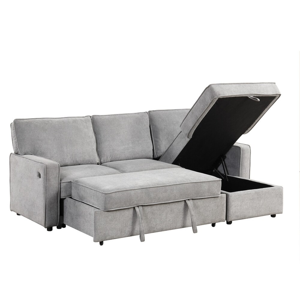 Living Room Sleeper Sofa Bed L shaped Sectional Sofa w/ Pull Out Bed   Chaise  Recliner Sofa w/ USB Port   2 Cup Holders  Grey