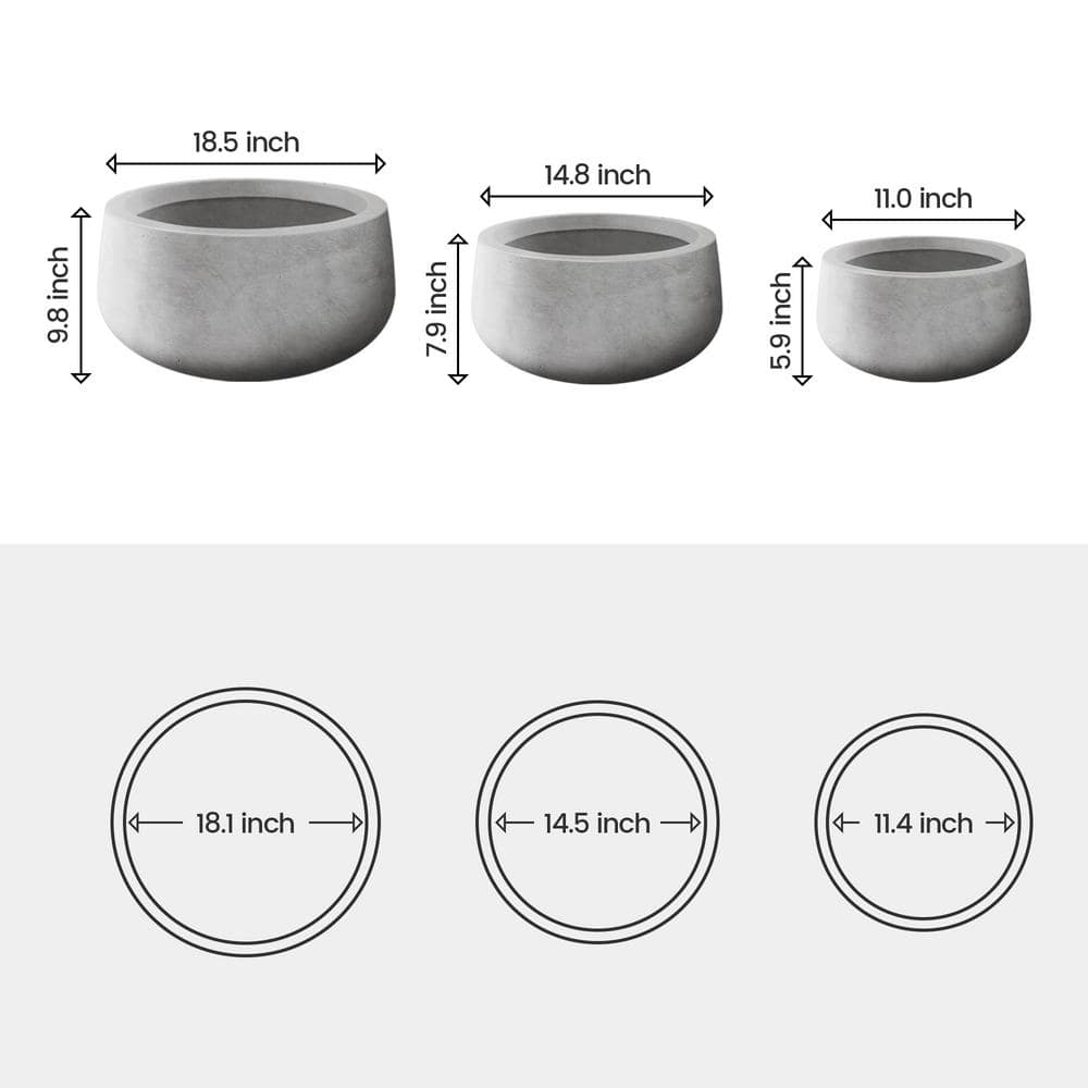 PLANTARA 20 in.， 16 in. and 10 in. D Round Raw Concrete Planter， Modern Flower Pot (Set of 3)， Outdoor Planter Pot for Garden， PA051S3-8021