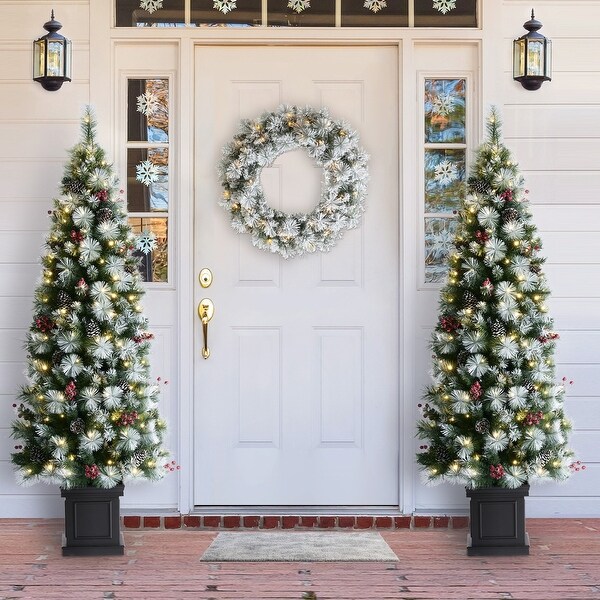 Glitzhome 4ft/5ft/6ft PreLit Pine Artificial Christmas Porch Tree with Decorative Urn Pot