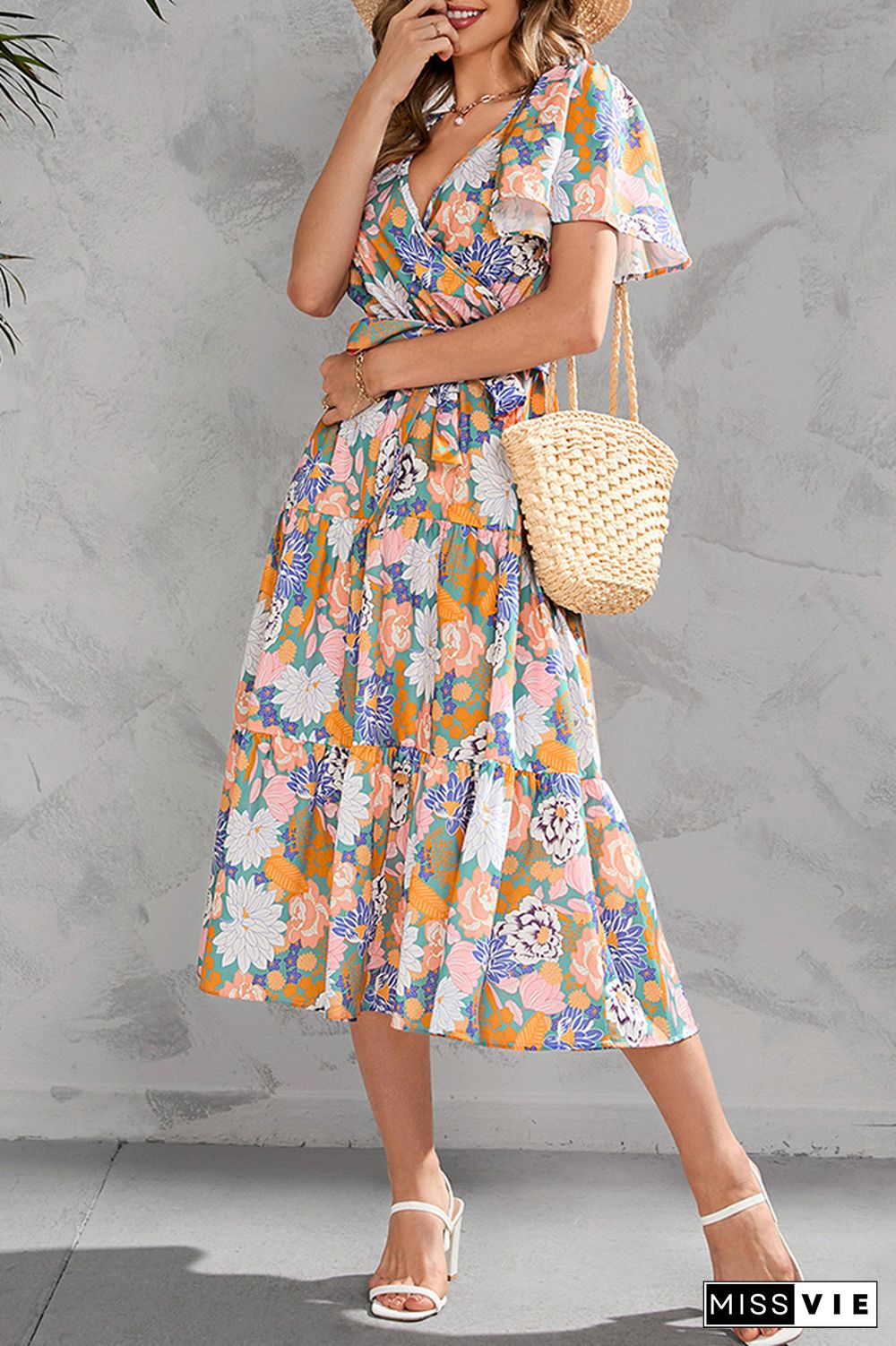 Wrap V Neck Tiered Midi Floral Dress