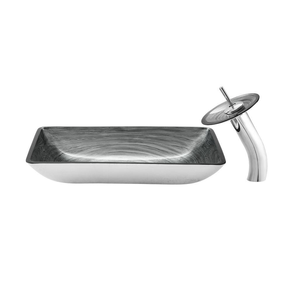 Swiss Madison Cascade Glass Rectangular Vessel Sink with Faucet in Smoky Grey SM-VSF294