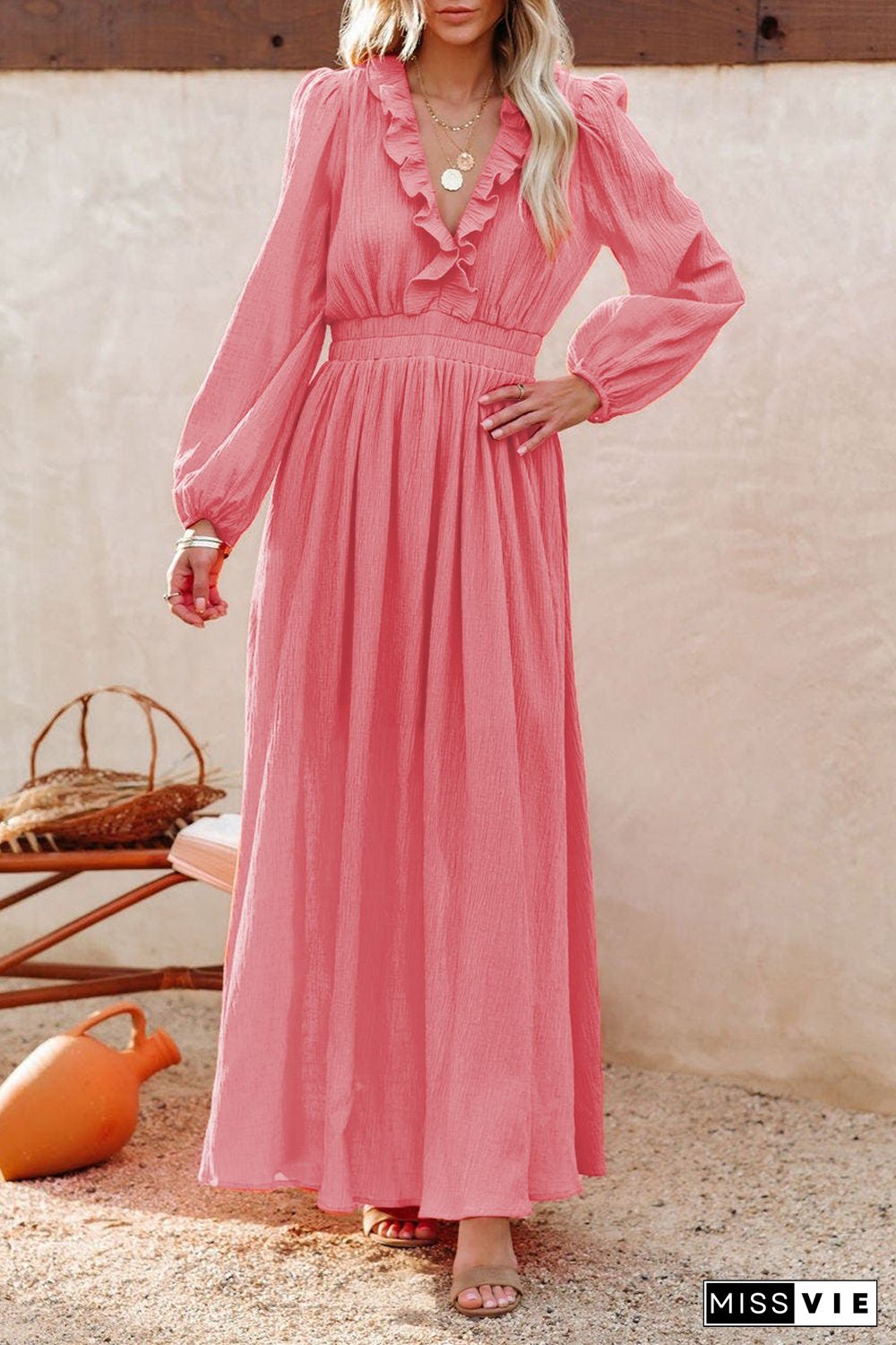 Ruffled V Neck Empire Waist Maxi Dress