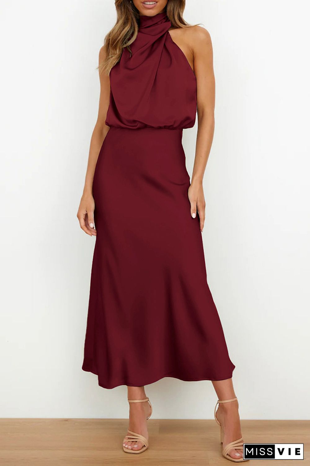 Ruched Cut Shoulder Sleeveless Sily Maxi Dress