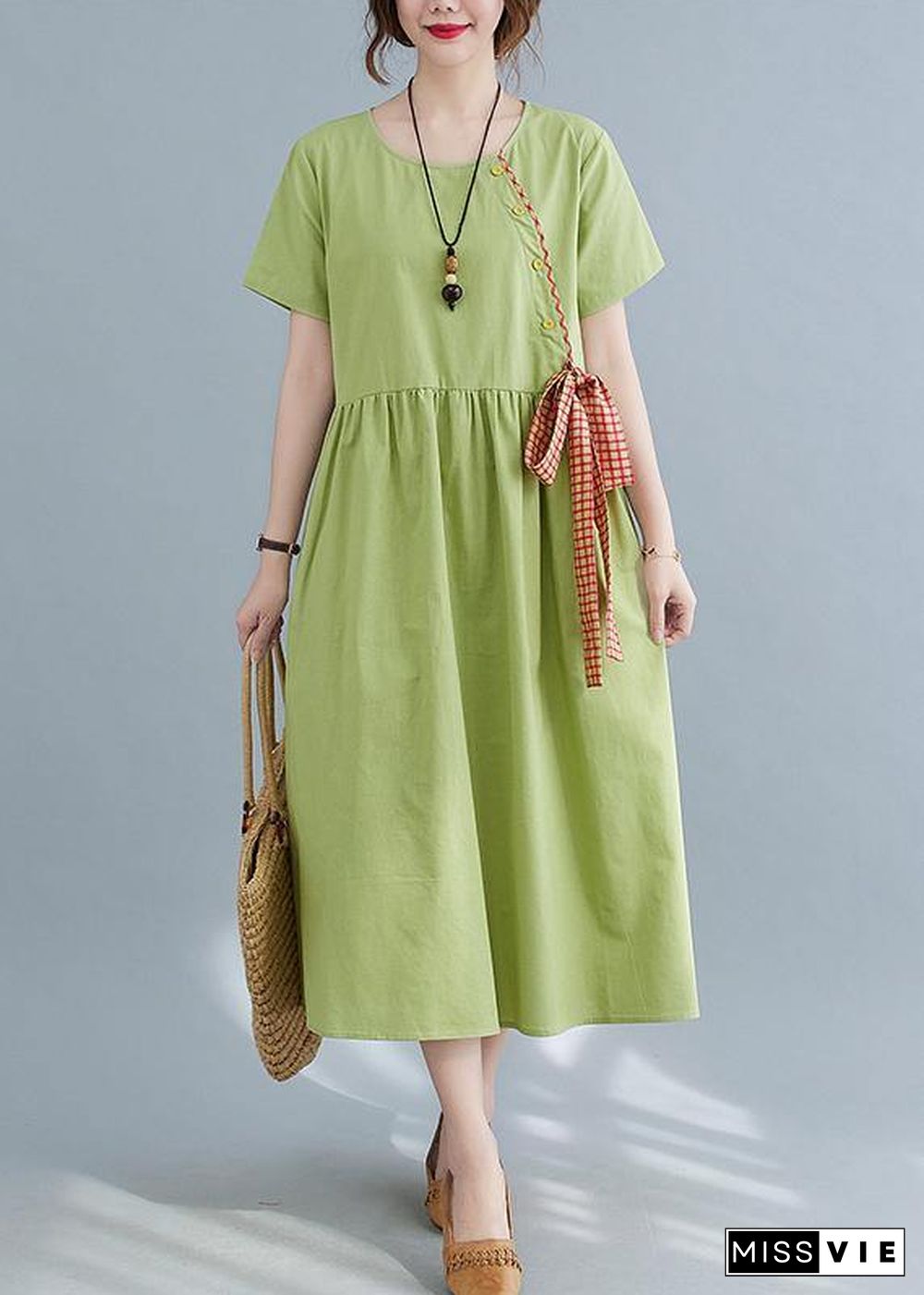 Handmade Green Loose Cotton Linen Summer Party Dress