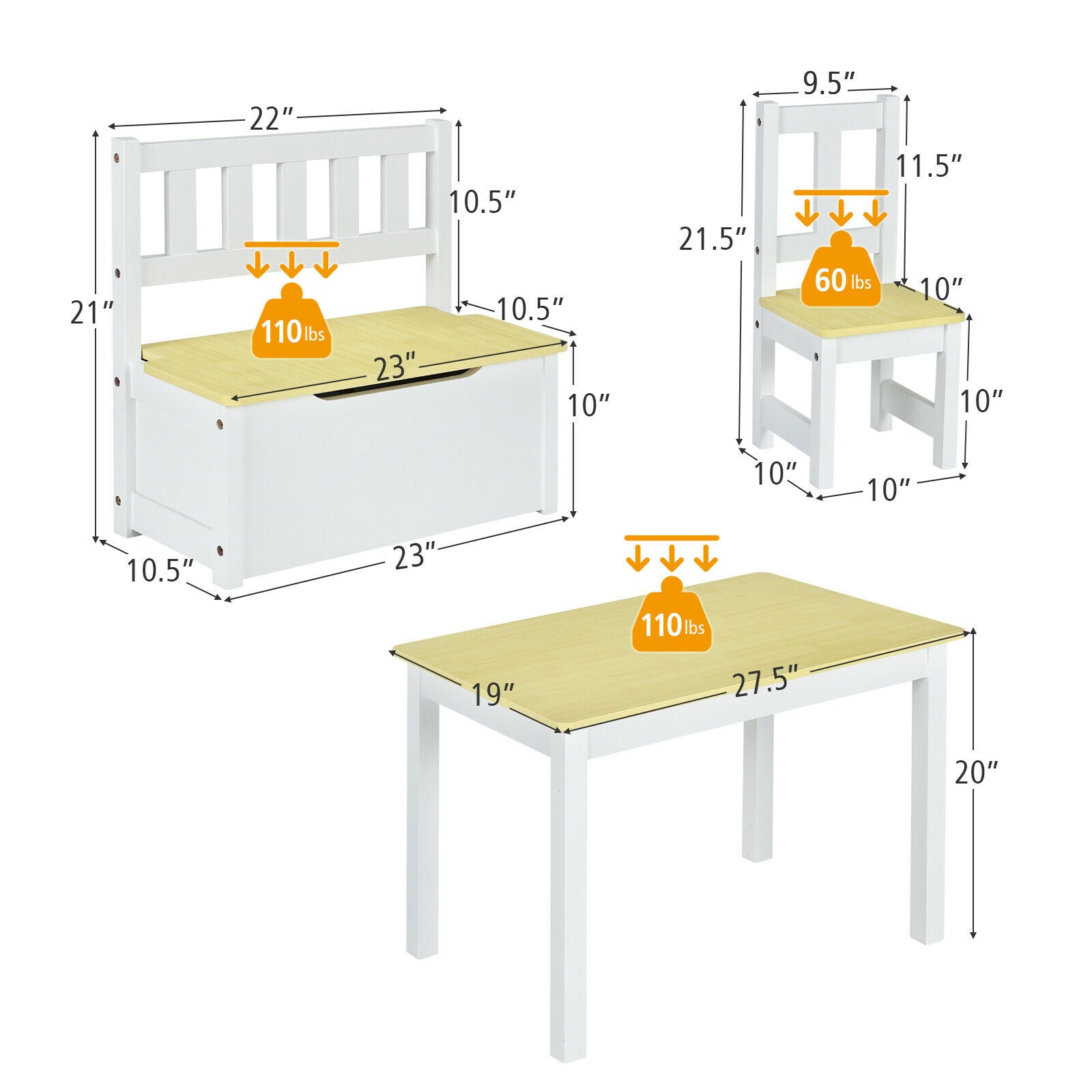 4 PCS Kids Wooden Activity Table & Chairs Set w/Storage Bench Study Desk